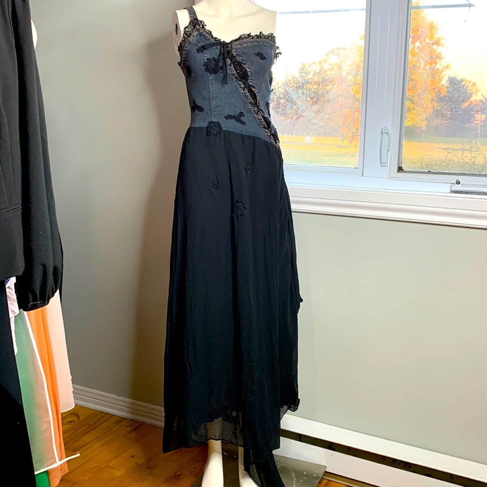 Gothic Black Bue Corset Jeans Dress Long Crochet Lace Sz 2 Small
